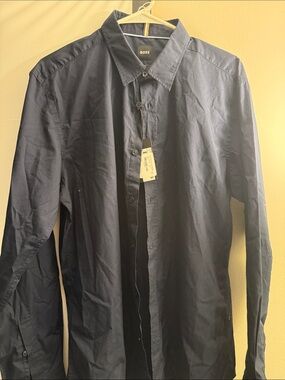 BOSS Men's Dark Navy Cotton Button-Down Dress Shirt